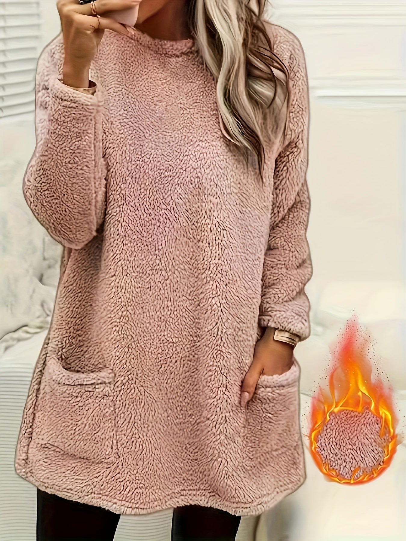 fachgo | Women's Cozy Plush Sweatshirt, Soft Purple Long Sleeve Pullover with Front Pockets Round Neck, Casual Sweater for Spring/Fall, Everyday & Formal Outfits