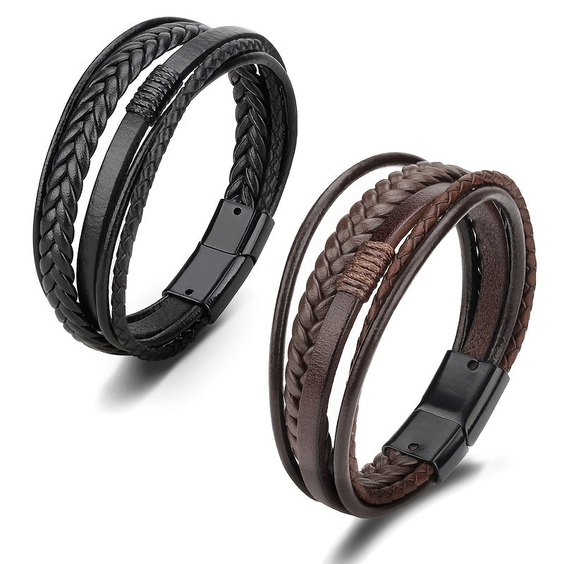 fachgo | 1pc Men's Hand-Woven Multi-Layer Leather Bracelet with Buckle Closure - Stylish Faux Leather Cuff, Durable & Versatile Accessory for Casual or Formal Wear