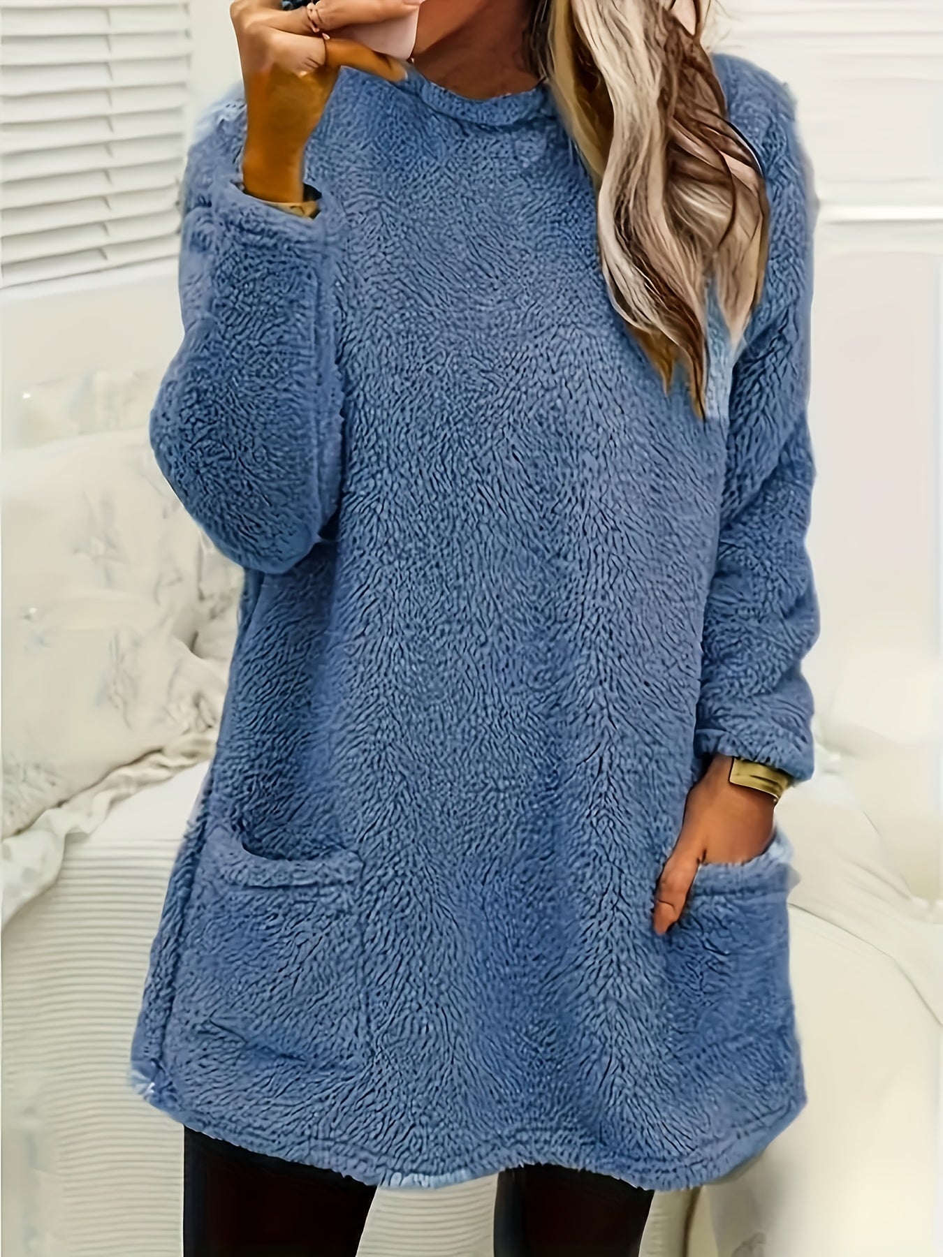 fachgo | [2025 New Plush Sweatshirt] New Autumn Winter Women's Plush Comfortable Casual Solid Color Pocket Round Neck Warm Long Sleeve Sweatshirt 2025
