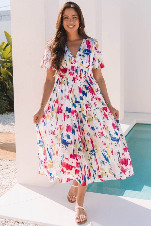fachgo | Abstract Short Puff Sleeve Tiered Maxi Dress