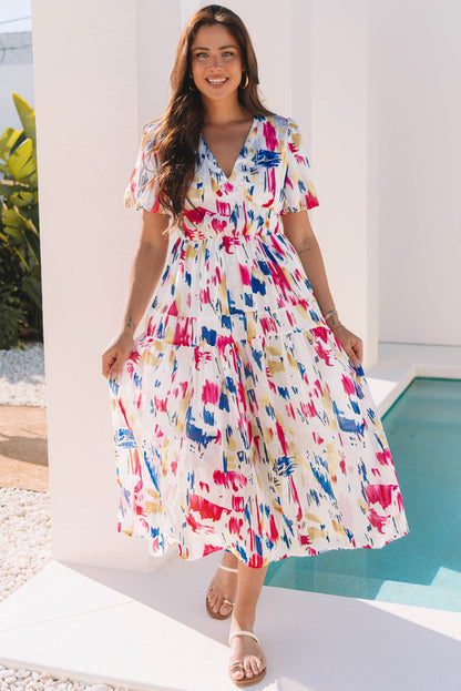 fachgo | Abstract Short Puff Sleeve Tiered Maxi Dress