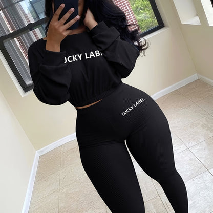 fachgo | [Women's Sweatshirt Set] Letter Embroidery Women's Two Piece Ribbed s Fall Spring Long Sleeve Sweatshirt and Skinny Pants Set