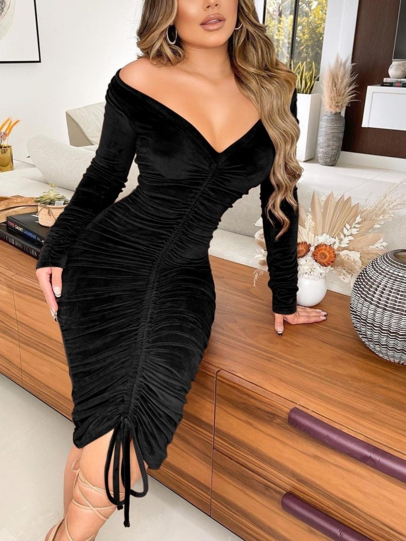 fachgo | Women's Dresses V Neck Off The Shoulder Velvet Ruched Mid-length Dresses