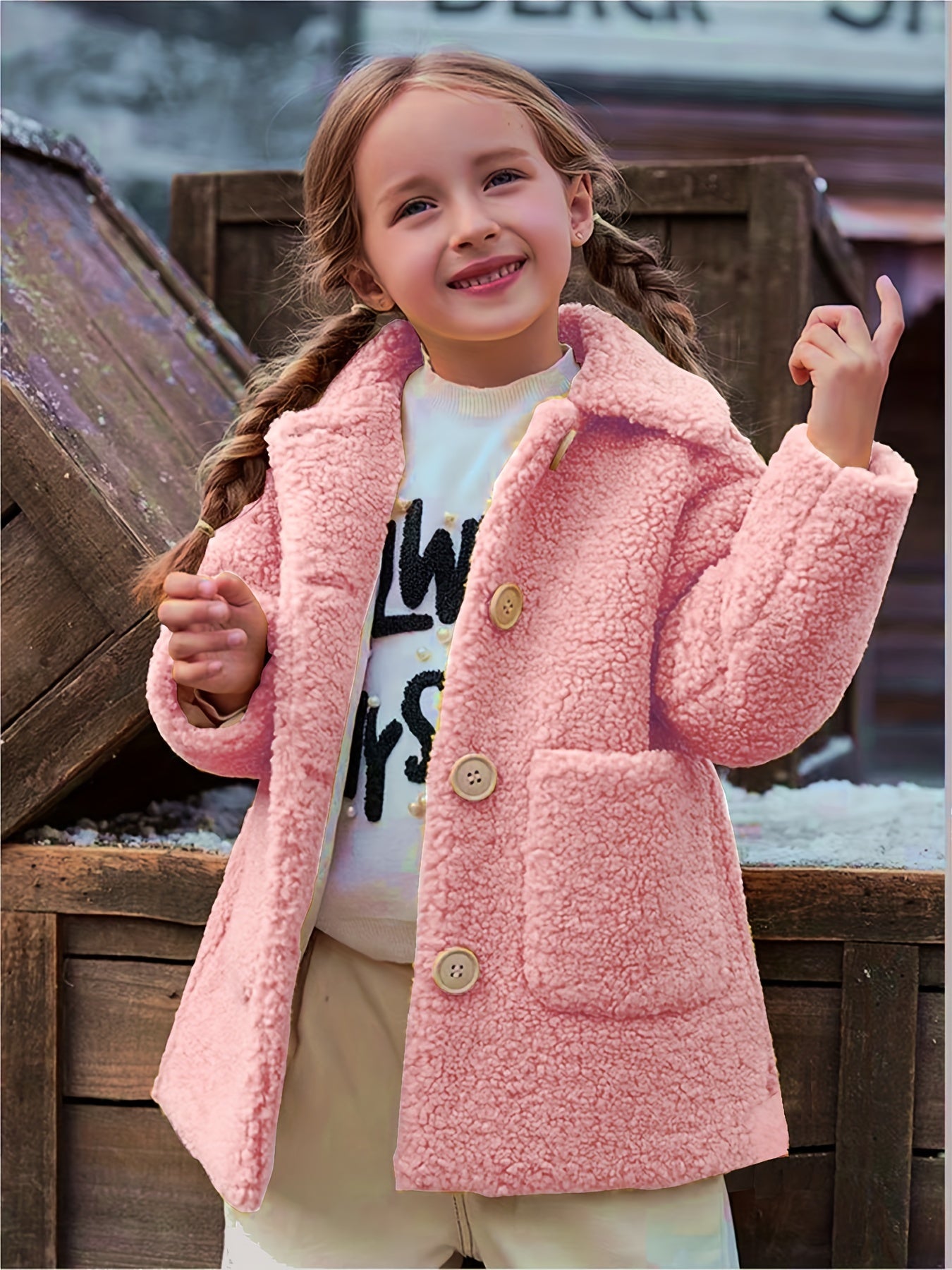 fachgo | [Lamb Fur Jacket] Girls' Lamb Fur Jacket | JOMAKE Korean-Style Lapel Collar, Two-Tone, Warm Windbreaker with Pockets, Lining, Button Closure, Long Sleeves for Winter