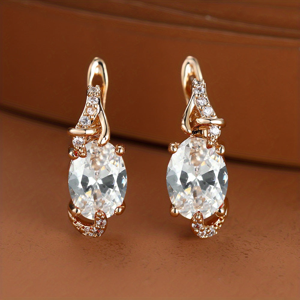 fachgo | [18K Gold Plated Earrings] 18K Gold Plated Blue Stone Stud Earrings | Trendy Round Oval Cut White Blue Red Pink Stone Drop Earrings | Anniversary Claw Earrings Jewelry for Women