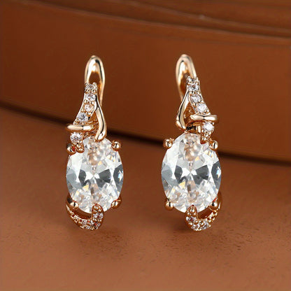 fachgo | [18K Gold Plated Earrings] 18K Gold Plated Blue Stone Stud Earrings | Trendy Round Oval Cut White Blue Red Pink Stone Drop Earrings | Anniversary Claw Earrings Jewelry for Women
