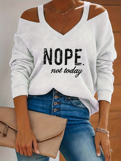 fachgo | Women's Retro Streetwear Off-Shoulder Sweatshirt - Semi-Sheer Casual Pullover with "NOPE Not Today" Print, Light Grey Spring/Fall Machine Washable Top, Spring Autumn Clothing | Textured Fabric