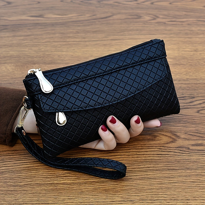 fachgo | Women's Argyle Quilted Clutch Bag, Multi Zipper Wristlet Bag For Phone & Coin, Fashion Handbag