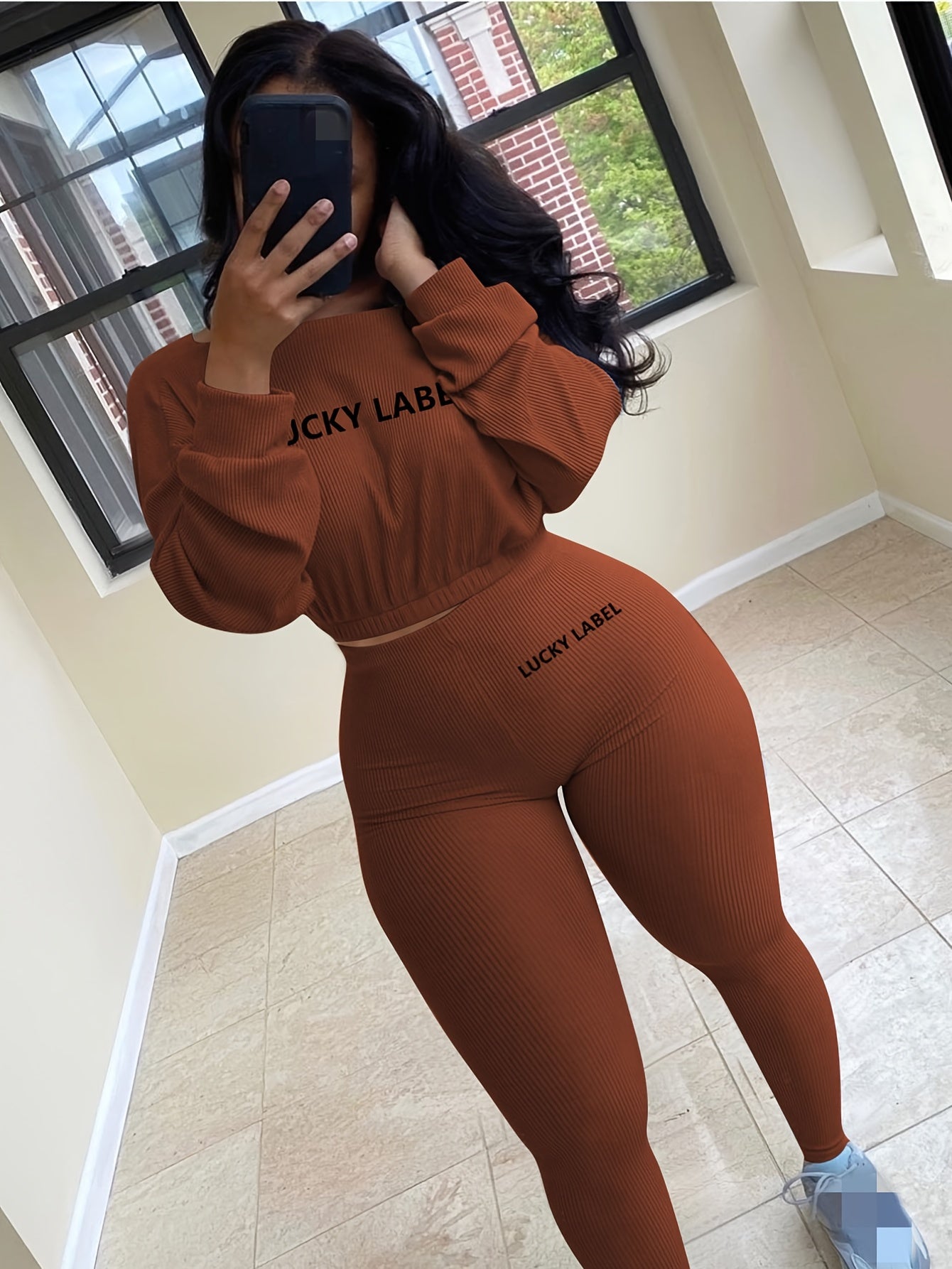fachgo | [Women's Sweatshirt Set] Letter Embroidery Women's Two Piece Ribbed s Fall Spring Long Sleeve Sweatshirt and Skinny Pants Set