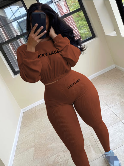 fachgo | [Women's Sweatshirt Set] Letter Embroidery Women's Two Piece Ribbed s Fall Spring Long Sleeve Sweatshirt and Skinny Pants Set