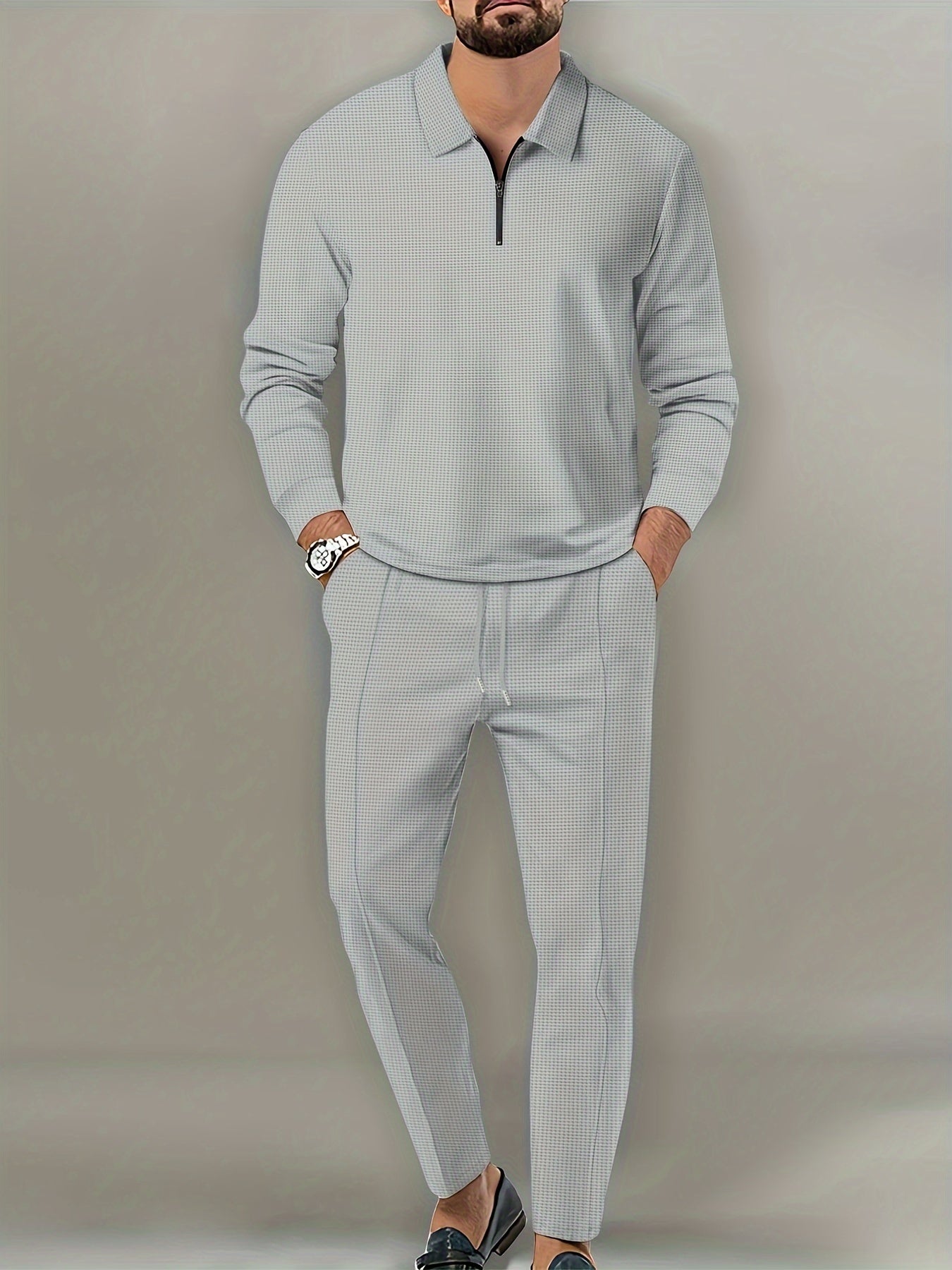fachgo | 2Pcs Men's Waffle Pattern Outfits, Casual V Neck Long Sleeve Pullover Sweatshirt And Drawstring Sweatpants Joggers Set For Spring Fall