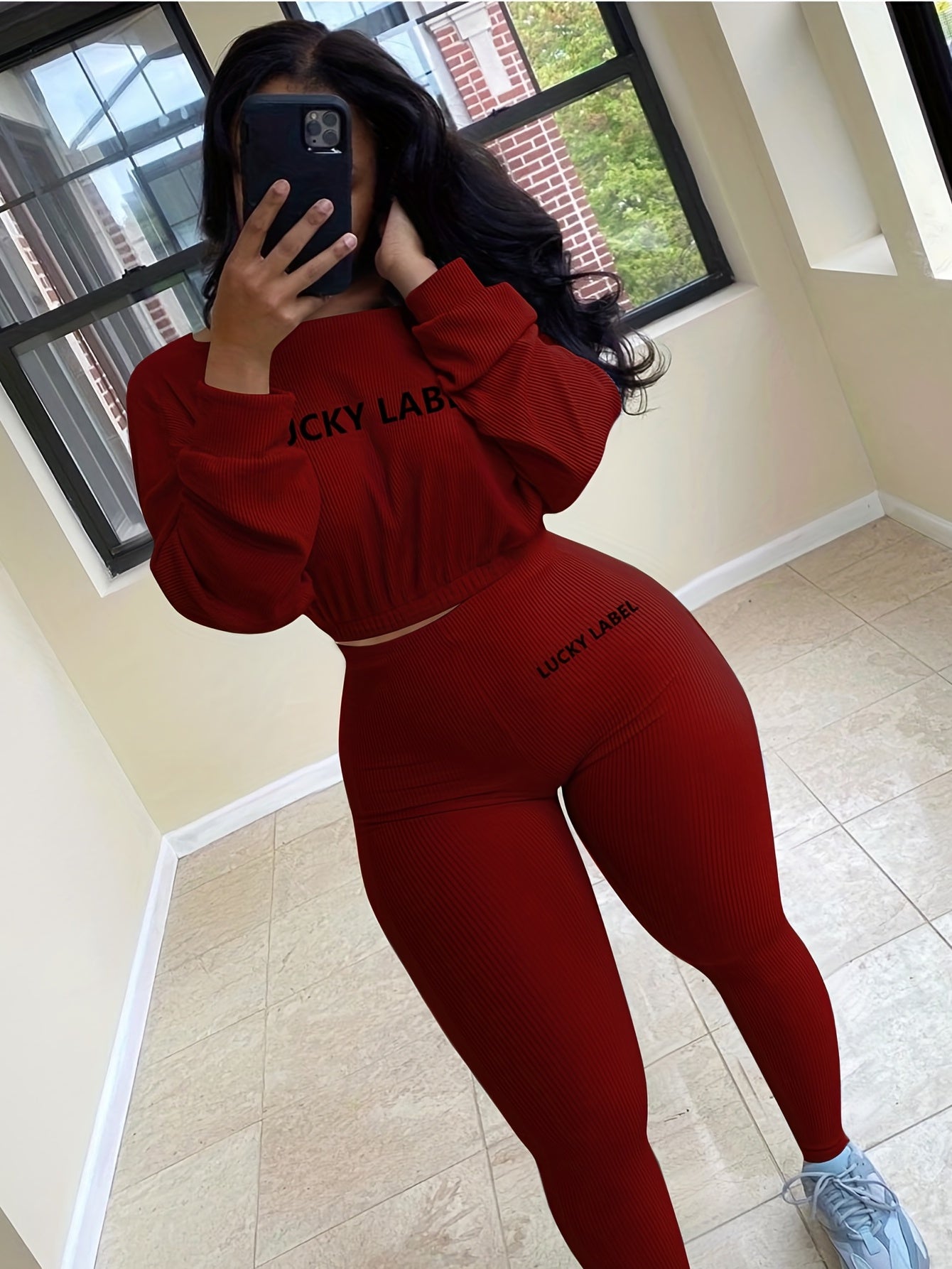 fachgo | [Women's Sweatshirt Set] Letter Embroidery Women's Two Piece Ribbed s Fall Spring Long Sleeve Sweatshirt and Skinny Pants Set