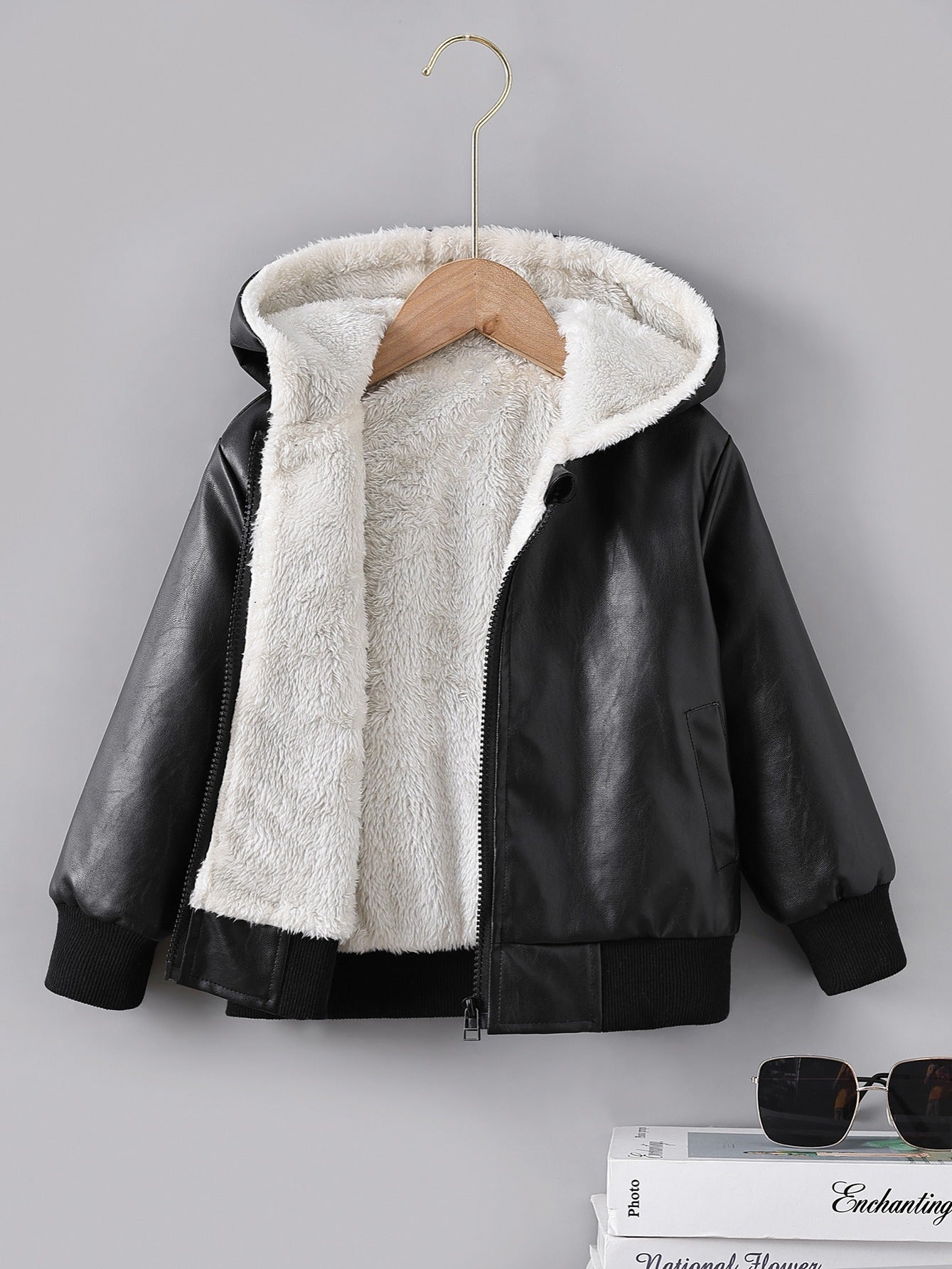 fachgo | Boys' Faux Leather Jacket with Fleece Lining - Thickened Winter Coat, Full-Zip Front Closure, Machine Washable, Casual Style for Fall/Winter, Regular Fit