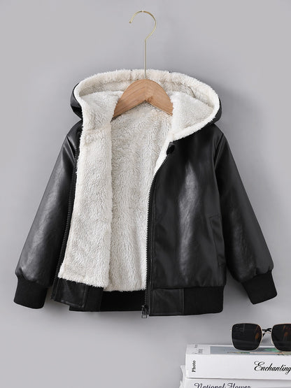 fachgo | Boys' Faux Leather Jacket with Fleece Lining - Thickened Winter Coat, Full-Zip Front Closure, Machine Washable, Casual Style for Fall/Winter, Regular Fit
