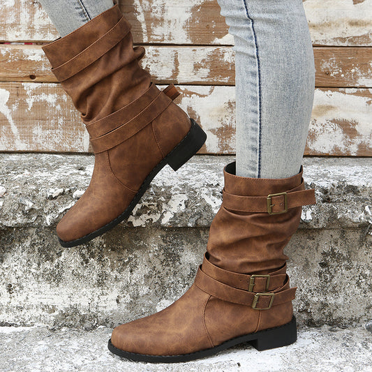 fachgo | Ruched Buckle Decor Mid Calf Boots For Women, Solid Color Retro Women's Cowboy Boots, Western Short Boots