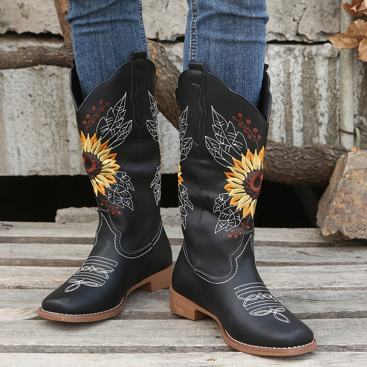 fachgo | [Mid Calf Embroidered Western Boots] Women's Embroidered Mid Calf Western Boots, Faux Leather Fashion Boots, Women's Footwear