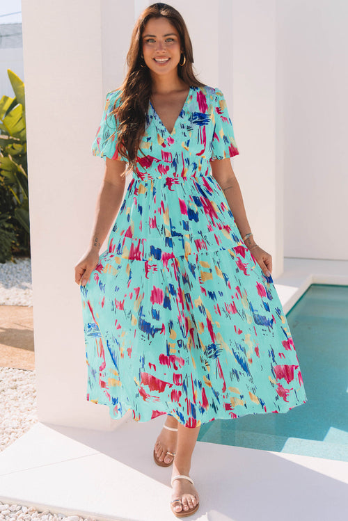fachgo | Abstract Short Puff Sleeve Tiered Maxi Dress