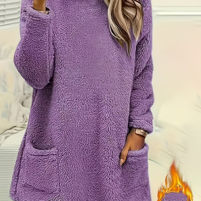 fachgo | Women's Cozy Plush Sweatshirt, Soft Purple Long Sleeve Pullover with Front Pockets Round Neck, Casual Sweater for Spring/Fall, Everyday & Formal Outfits