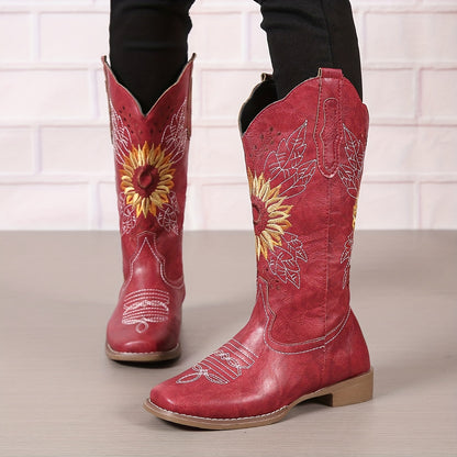 fachgo | [Mid Calf Embroidered Western Boots] Women's Embroidered Mid Calf Western Boots, Faux Leather Fashion Boots, Women's Footwear