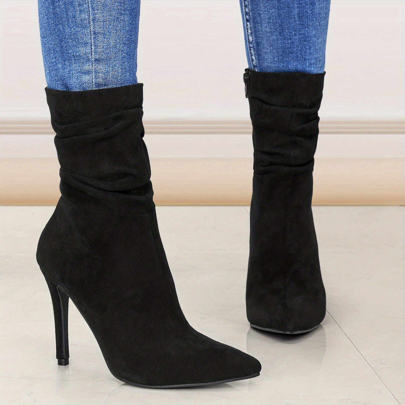 fachgo | Women's Mid-Calf Boots, Plain Fashionable Boots with Zipper for Comfort and Casual Wear, Round Toe in the Middle of Calf