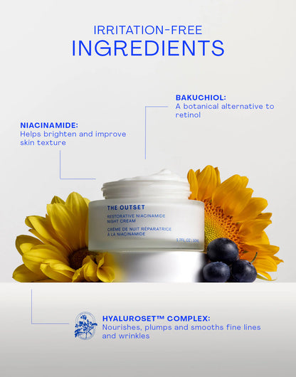 Restorative Niacinamide Night Cream with sunflowers and blueberries highlighting key ingredients.