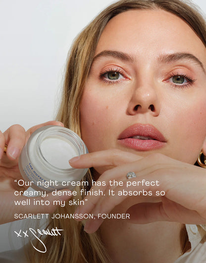 Scarlett Johansson promoting Restorative Niacinamide Night Cream, emphasizing its creamy finish and absorption.