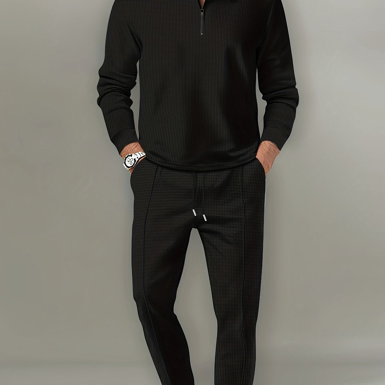 fachgo | 2Pcs Men's Waffle Pattern Outfits, Casual V Neck Long Sleeve Pullover Sweatshirt And Drawstring Sweatpants Joggers Set For Spring Fall