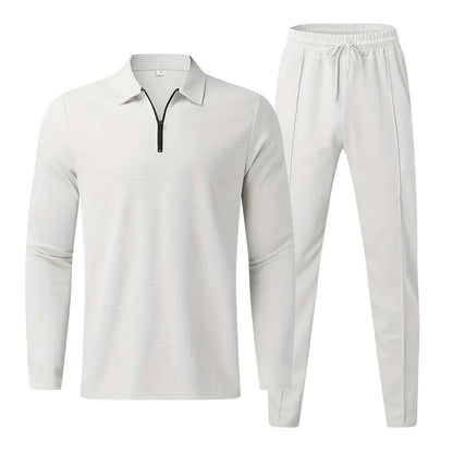 fachgo | 2Pcs Men's Waffle Pattern Outfits, Casual V Neck Long Sleeve Pullover Sweatshirt And Drawstring Sweatpants Joggers Set For Spring Fall