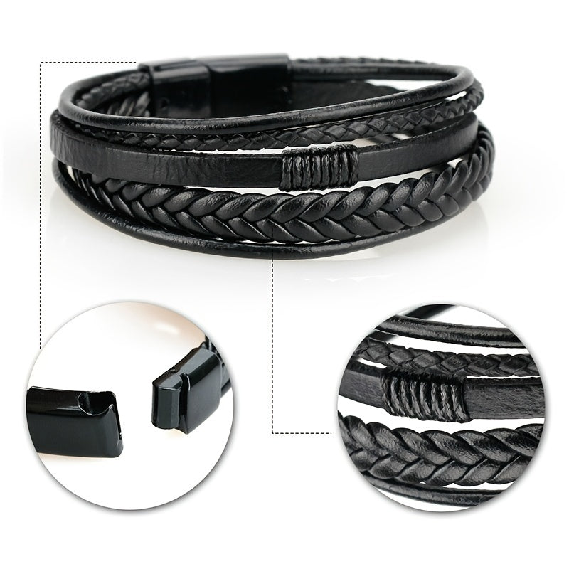 fachgo | 1pc Men's Hand-Woven Multi-Layer Leather Bracelet with Buckle Closure - Stylish Faux Leather Cuff, Durable & Versatile Accessory for Casual or Formal Wear