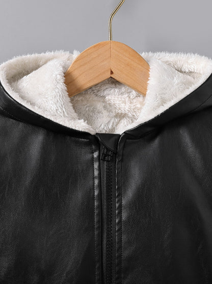 fachgo | Boys' Faux Leather Jacket with Fleece Lining - Thickened Winter Coat, Full-Zip Front Closure, Machine Washable, Casual Style for Fall/Winter, Regular Fit