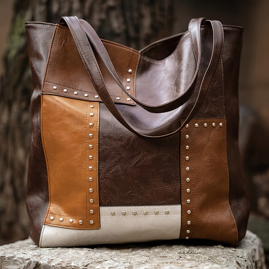 fachgo | Vintage Patchwork Tote Bag, Retro Colorblock Shoulder Bag, Handbag