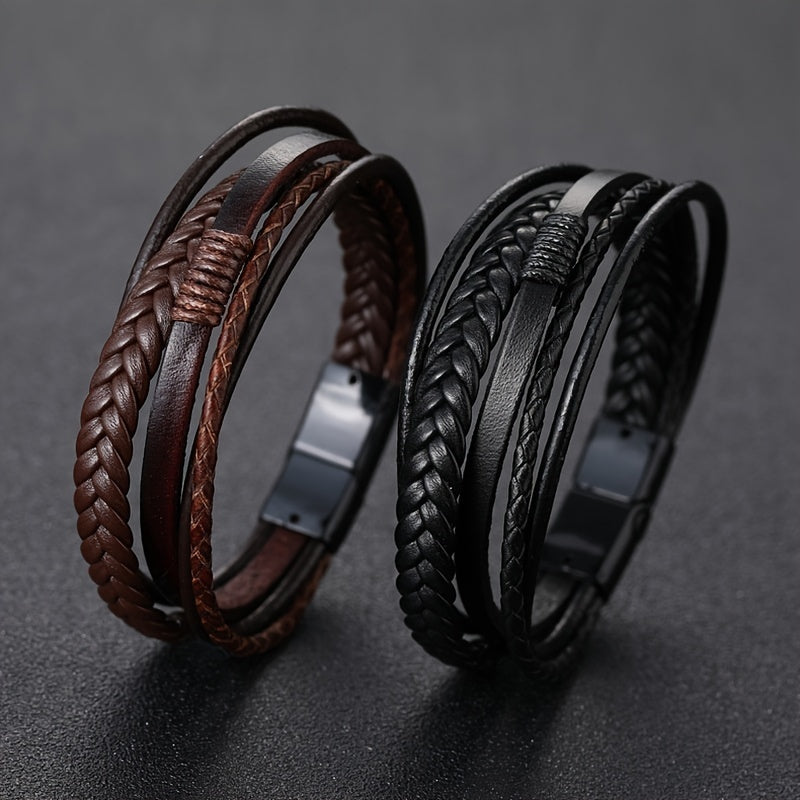 fachgo | 1pc Men's Hand-Woven Multi-Layer Leather Bracelet with Buckle Closure - Stylish Faux Leather Cuff, Durable & Versatile Accessory for Casual or Formal Wear