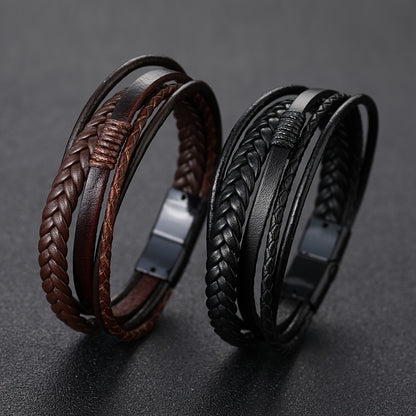 fachgo | 1pc Men's Hand-Woven Multi-Layer Leather Bracelet with Buckle Closure - Stylish Faux Leather Cuff, Durable & Versatile Accessory for Casual or Formal Wear