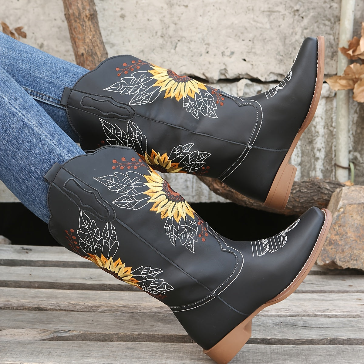fachgo | [Mid Calf Embroidered Western Boots] Women's Embroidered Mid Calf Western Boots, Faux Leather Fashion Boots, Women's Footwear