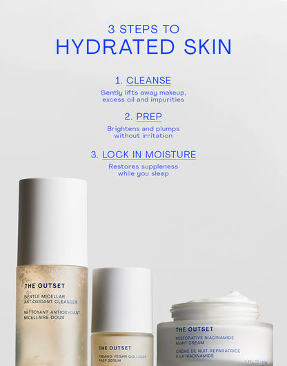3 steps to hydrated skin: cleanse, prep, and lock in moisture with Restorative Niacinamide Night Cream.