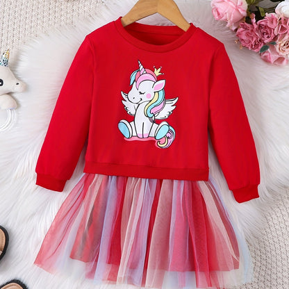 fachgo | Rainbow Tutu Hem Unicorn Print Long Sleeve Sweatshirt Dress - Magical Party & Vacation Outfit for Trendy Girls - Cozy Spring/Autumn Wear