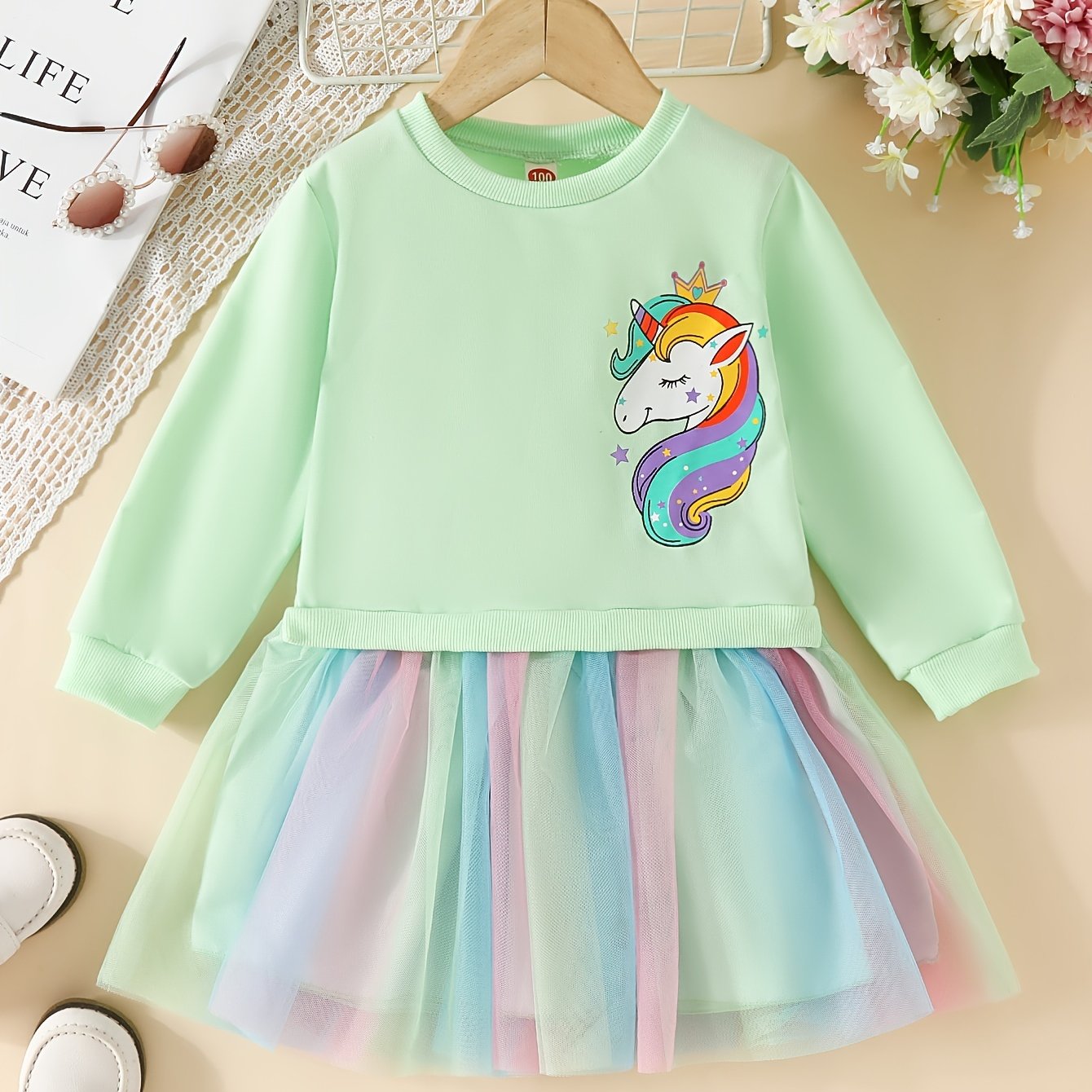 fachgo | Rainbow Tutu Hem Unicorn Print Long Sleeve Sweatshirt Dress - Magical Party & Vacation Outfit for Trendy Girls - Cozy Spring/Autumn Wear