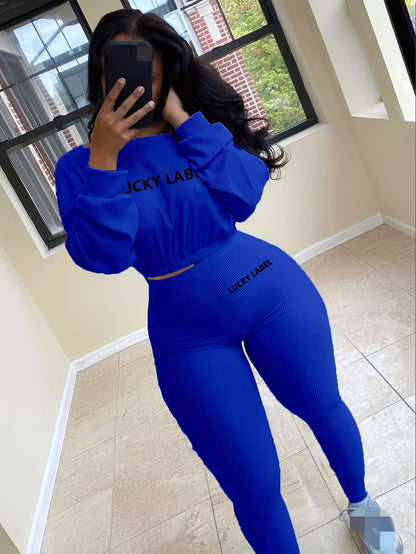 fachgo | [Women's Sweatshirt Set] Letter Embroidery Women's Two Piece Ribbed s Fall Spring Long Sleeve Sweatshirt and Skinny Pants Set