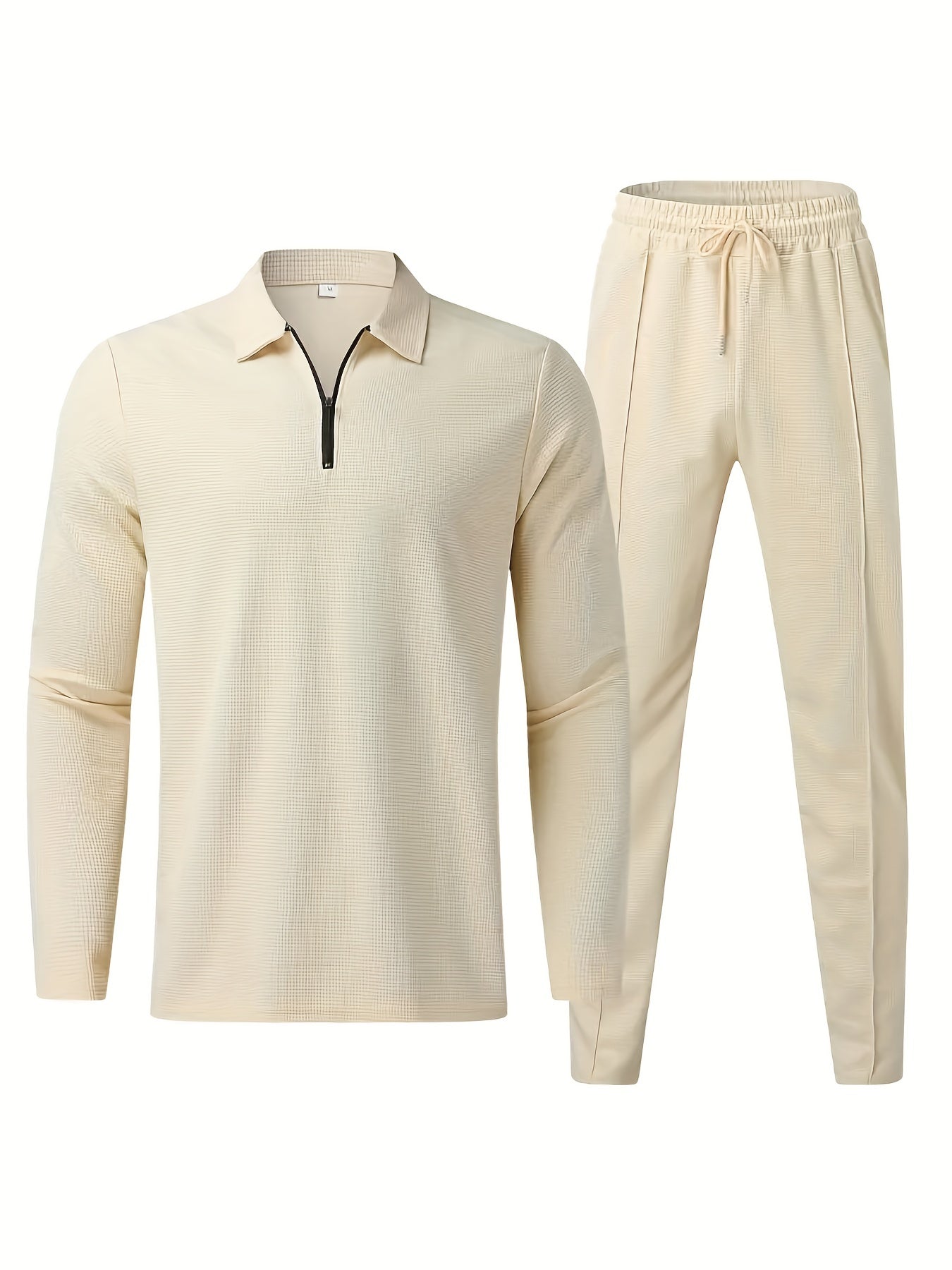 fachgo | 2Pcs Men's Waffle Pattern Outfits, Casual V Neck Long Sleeve Pullover Sweatshirt And Drawstring Sweatpants Joggers Set For Spring Fall