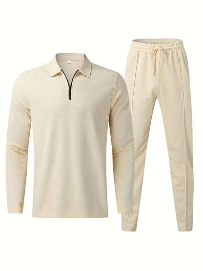 fachgo | 2Pcs Men's Waffle Pattern Outfits, Casual V Neck Long Sleeve Pullover Sweatshirt And Drawstring Sweatpants Joggers Set For Spring Fall