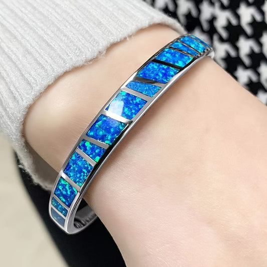 fachgo | Vintage Blue Opal Open Bracelet - 18K Golden Plated Copper with Synthetic Stones, Adjustable Chain, Elegant & Versatile Jewelry for Daily Wear or Parties, Party Accessory, Classic Style, Durable Bracelet
