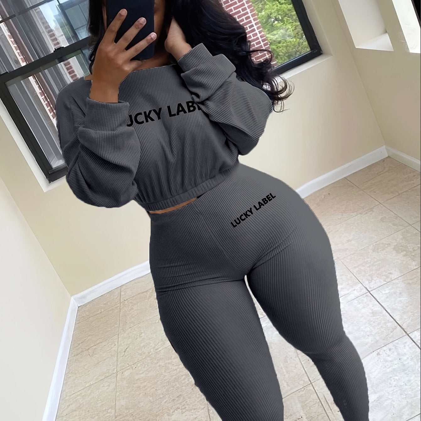 fachgo | [Women's Sweatshirt Set] Letter Embroidery Women's Two Piece Ribbed s Fall Spring Long Sleeve Sweatshirt and Skinny Pants Set