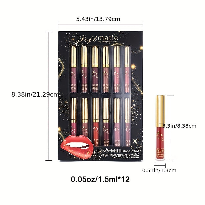 fachgo | 12 Colors Waterproof Long Lasting Lipstick, Natural Matte Sexy Moist Lip Gloss Nude Glitter Beauty Red Lip Tint for Valentine's Day Gifts and Music Festival