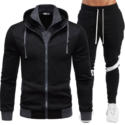 Casual Slim Fit Color Block Hooded Jacket Sportswear Suit