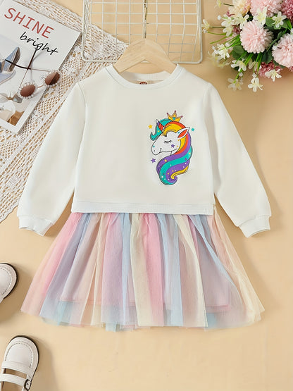 fachgo | Rainbow Tutu Hem Unicorn Print Long Sleeve Sweatshirt Dress - Magical Party & Vacation Outfit for Trendy Girls - Cozy Spring/Autumn Wear