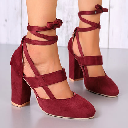 fachgo | [Elegant Sandals] Elegant High Heel Sandals | Women's - Solid Color Fabric Upper, Round Toe, Lace-Up Ankle Strap, Block Heel, Rubber Sole, Man-Made Insole & Inner Material