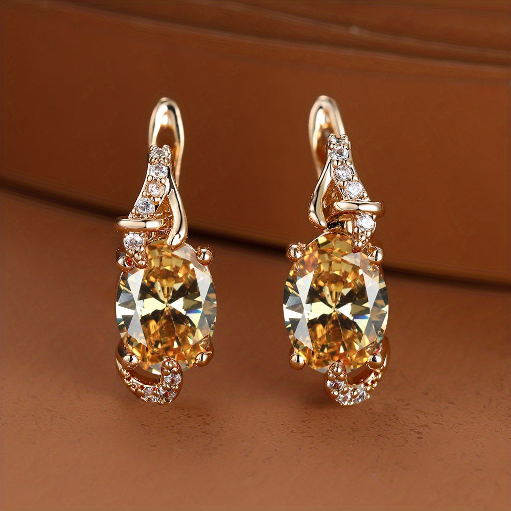 fachgo | [18K Gold Plated Earrings] 18K Gold Plated Blue Stone Stud Earrings | Trendy Round Oval Cut White Blue Red Pink Stone Drop Earrings | Anniversary Claw Earrings Jewelry for Women