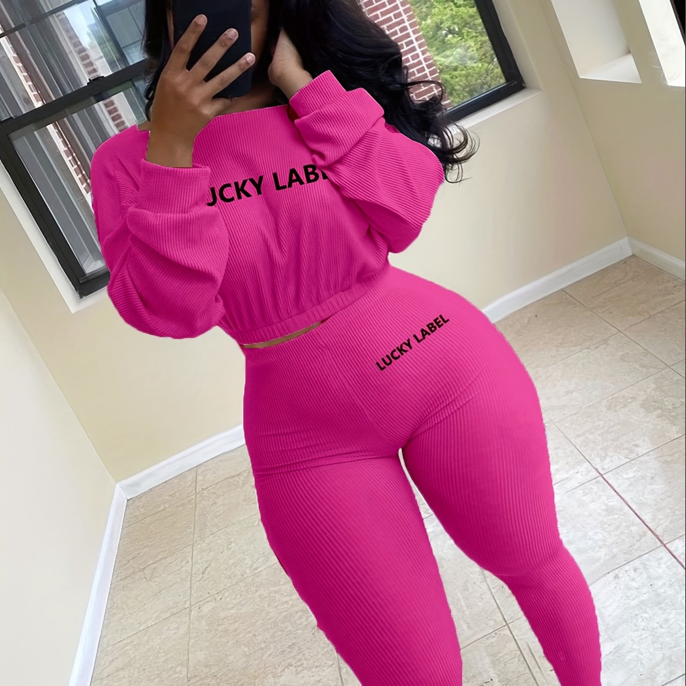 fachgo | [Women's Sweatshirt Set] Letter Embroidery Women's Two Piece Ribbed s Fall Spring Long Sleeve Sweatshirt and Skinny Pants Set