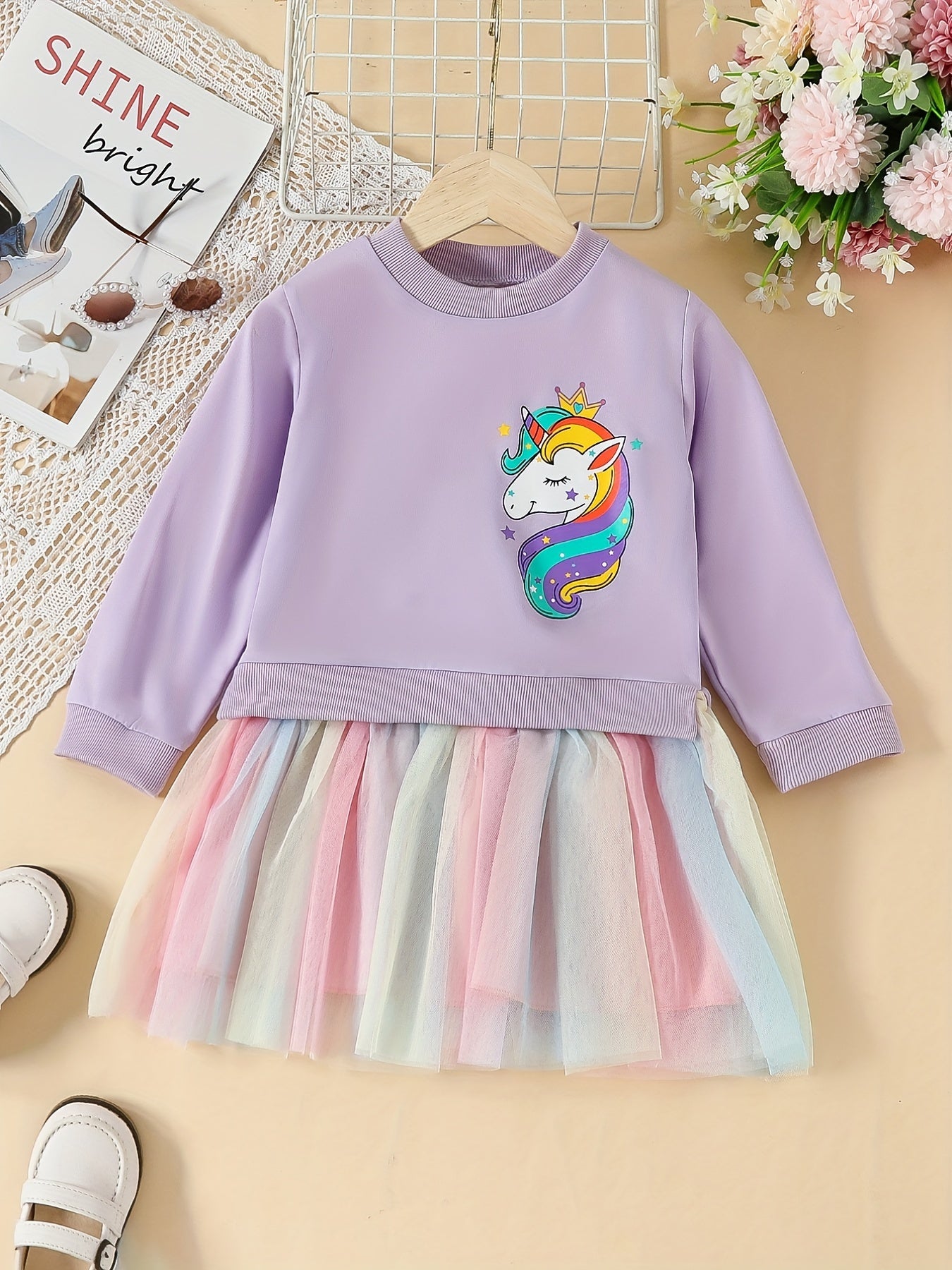 fachgo | Rainbow Tutu Hem Unicorn Print Long Sleeve Sweatshirt Dress - Magical Party & Vacation Outfit for Trendy Girls - Cozy Spring/Autumn Wear