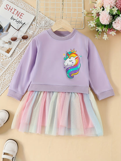 fachgo | Rainbow Tutu Hem Unicorn Print Long Sleeve Sweatshirt Dress - Magical Party & Vacation Outfit for Trendy Girls - Cozy Spring/Autumn Wear